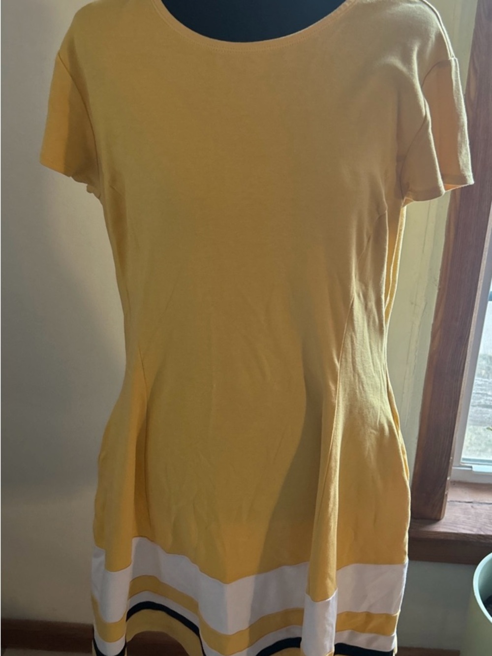 New York & Company Yellow Short-Sleeve Tunic with Striped Hem